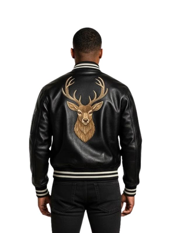 Black leather jacket with deer emblem on the back worn by a person on a white background