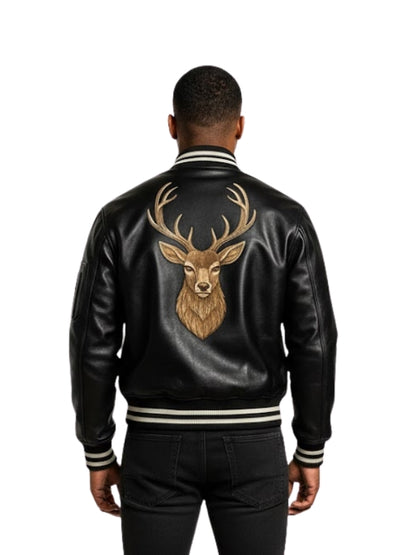 Black leather jacket with deer emblem on the back worn by a person on a white background