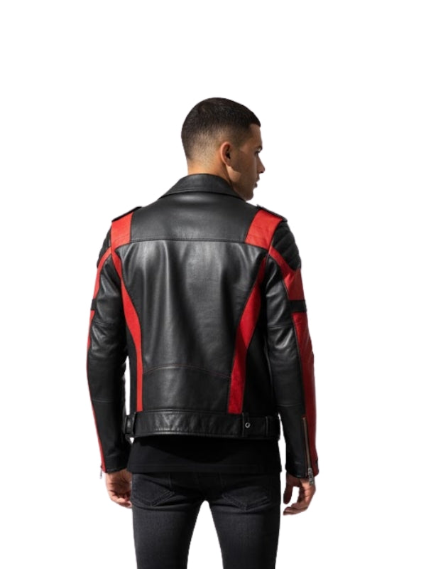 Black leather jacket with red accents worn by a person on a white background