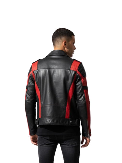 Black leather jacket with red accents worn by a person on a white background