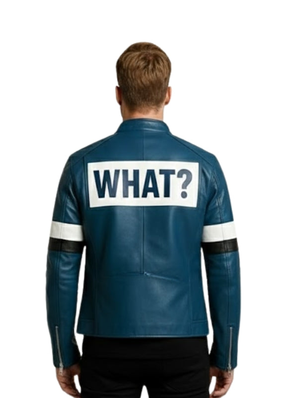 Men's Blue Leather Biker Jacket: 'WHAT?'