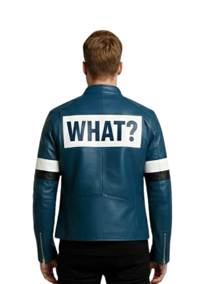 Men's Blue Leather Biker Jacket: 'WHAT?'