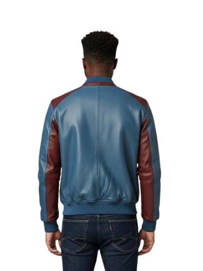 Person wearing a blue and brown leather jacket on a white background