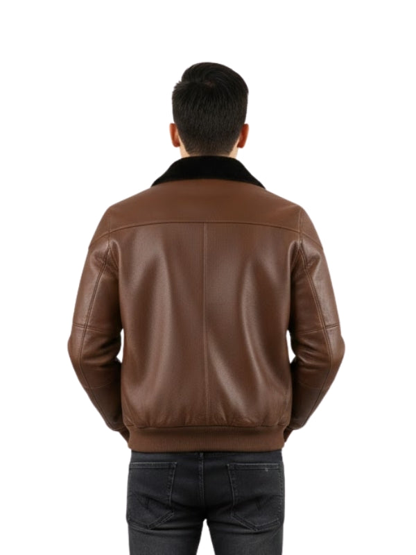 Man wearing a brown leather jacket on a white background