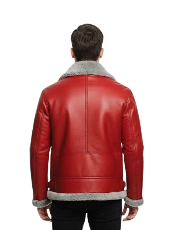 Red leather jacket with gray fur lining on a white background