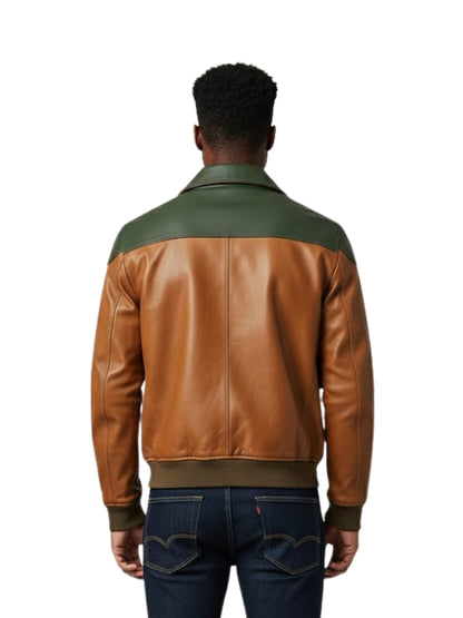 Person wearing a two-tone leather jacket with green and brown sections on a white background