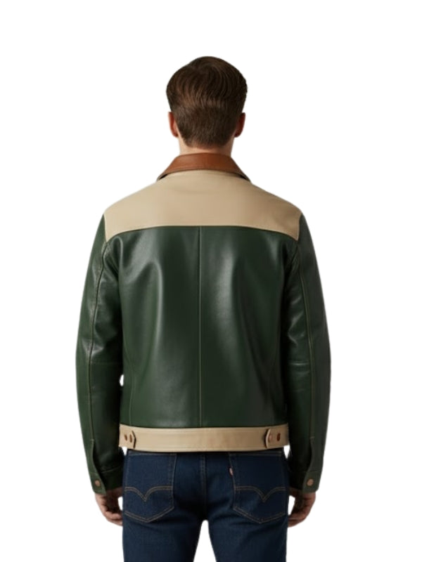 Green and beige leather jacket worn by a person on a white background