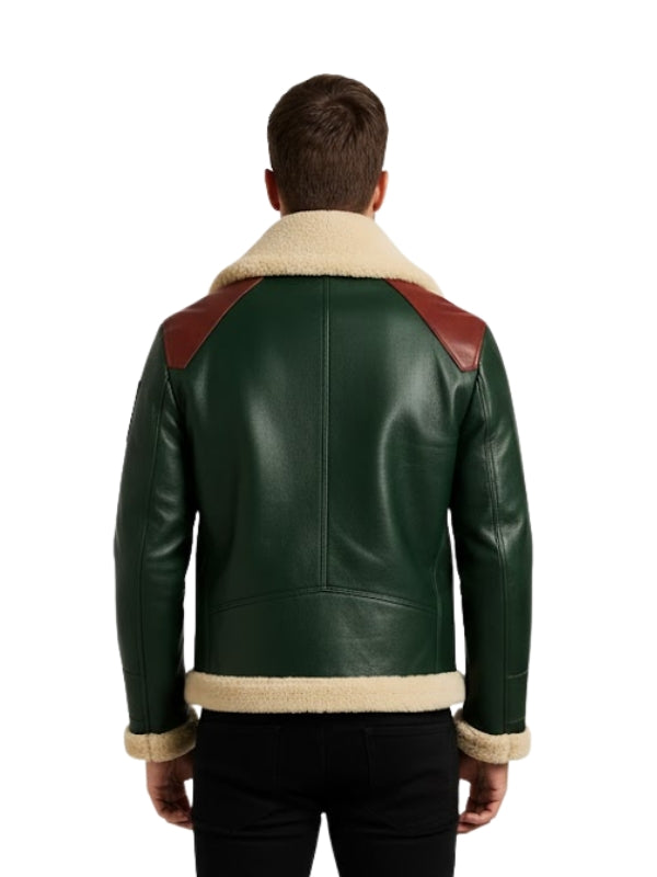 Green leather jacket with red accents and beige lining on a white background