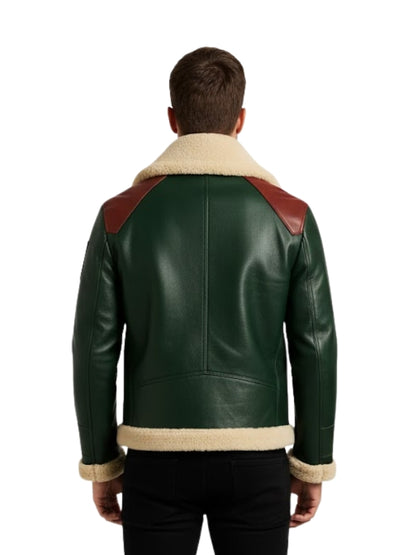 Green leather jacket with red accents and beige lining on a white background