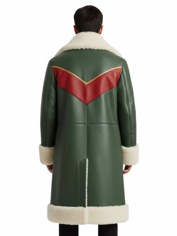 Green coat with red and gold accents on a white background