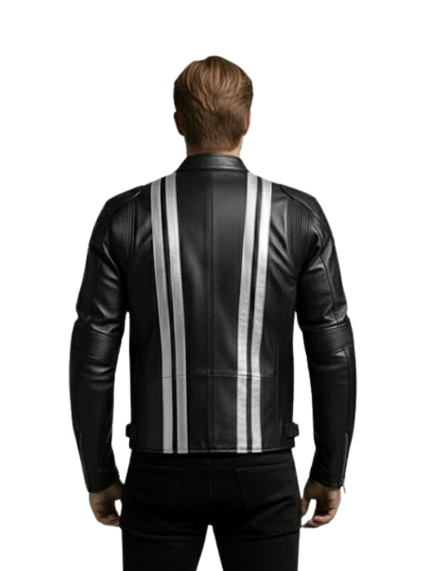 Black leather jacket with white stripes on a white background