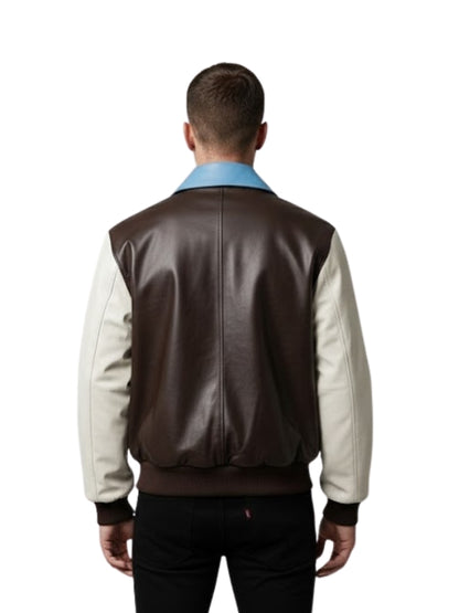 Man wearing a brown and beige leather jacket on a white background