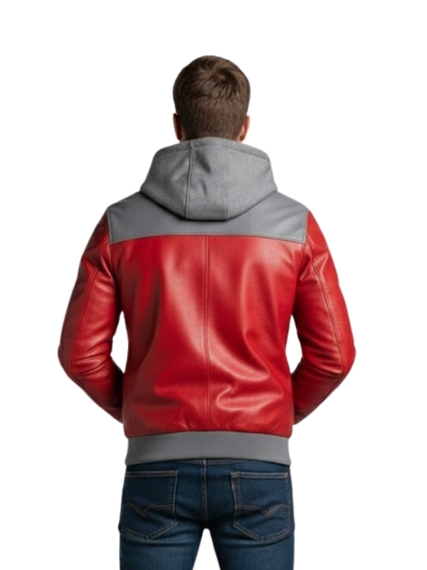 Red leather jacket with gray hood on a white background