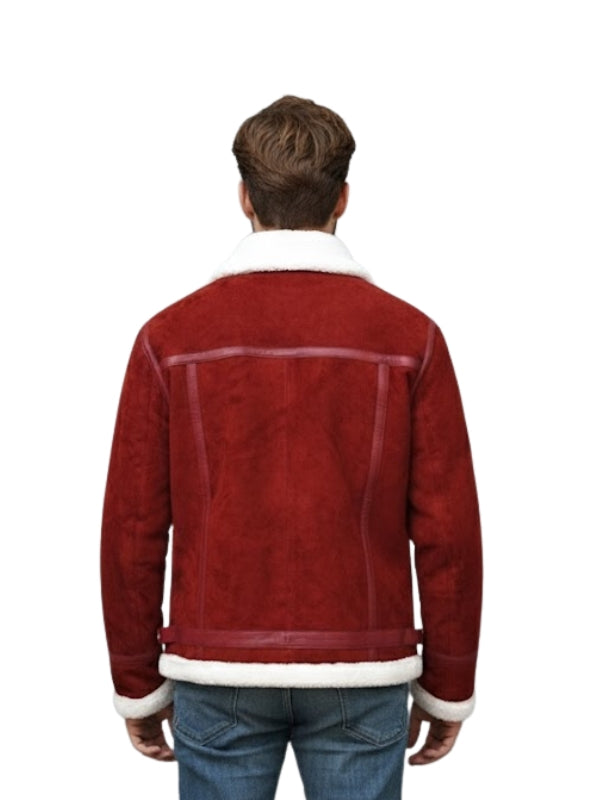 Red leather jacket with white trim worn by a person on a white background