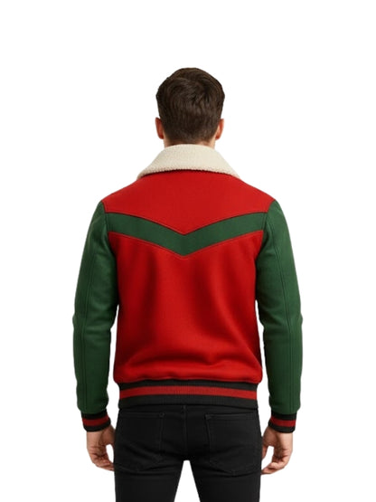 Red and green jacket with a white collar worn by a person on a white background