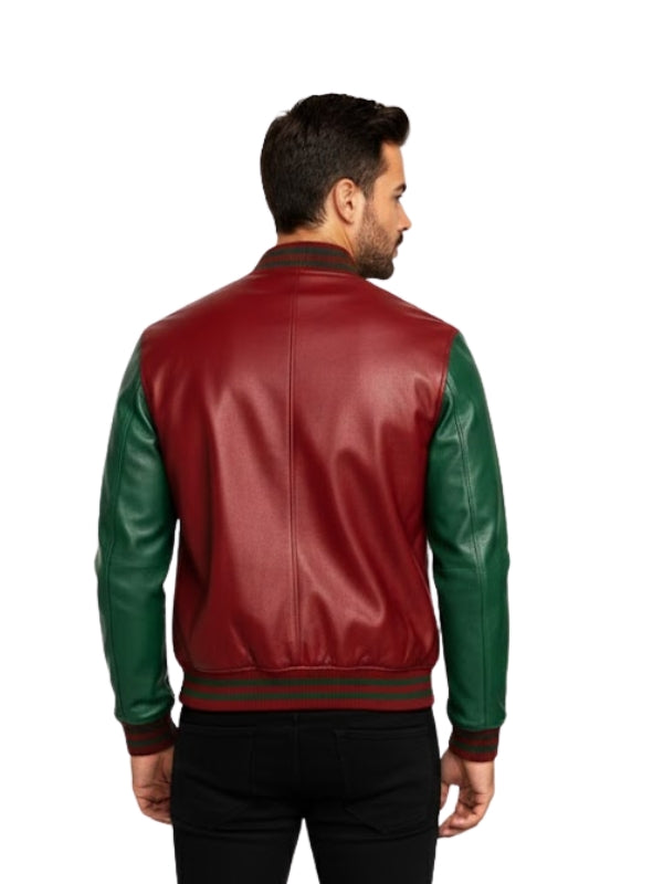 Man wearing a red and green leather jacket on a white background