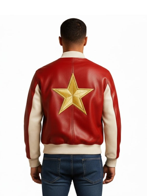 Red leather jacket with a gold star on the back worn by a person on a white background
