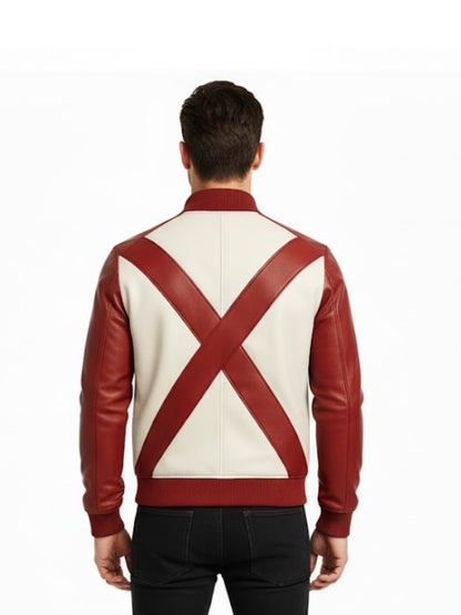 Man wearing a red and white leather jacket with a large 'X' design on the back, on a white background.