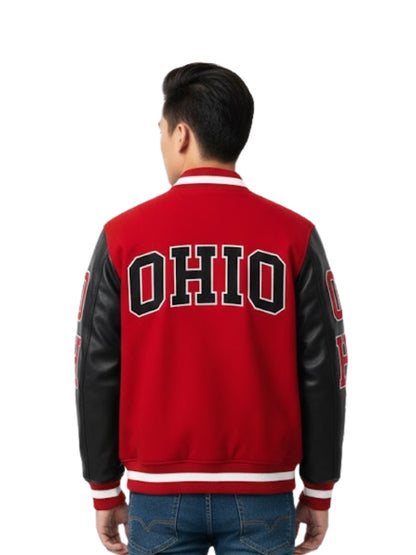 Men's Red Ohio Wool With Leather Sleeves Varsity Jacket