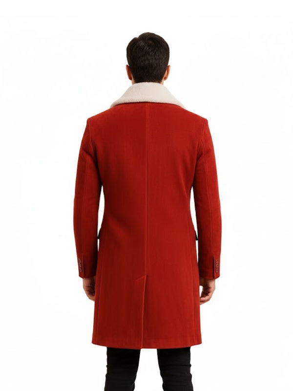 Red coat worn by a person on a white background