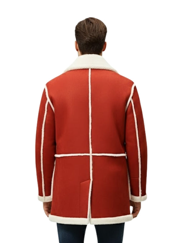 Red coat with white trim worn by a person on a white background