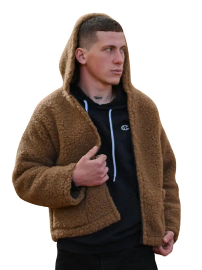 Man wearing a brown fleece jacket on a white background