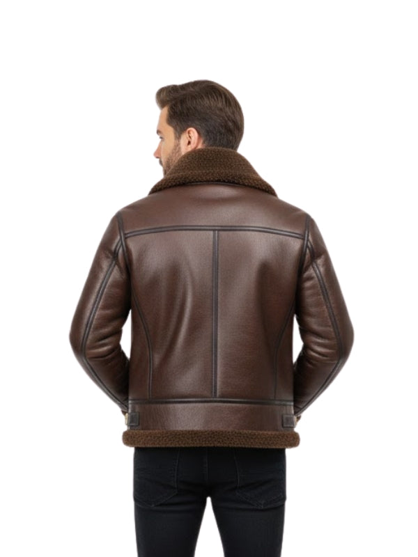 Man wearing a brown leather jacket with fur collar on a white background