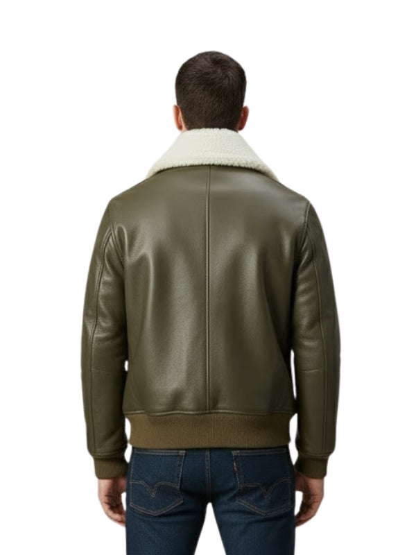 Green leather jacket with white fur collar on a white background