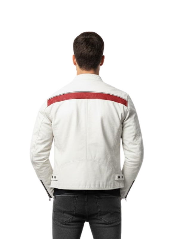 Person wearing a white jacket with red accents on a white background