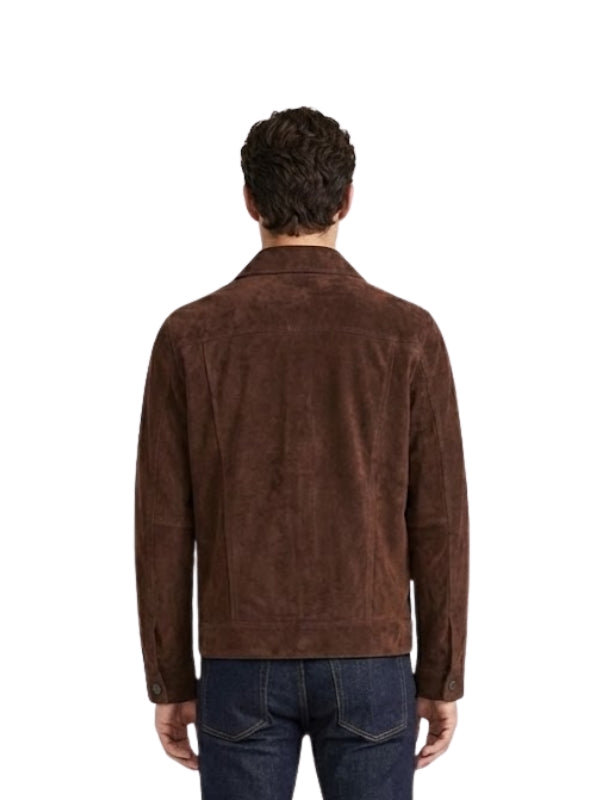 Man wearing a brown suede jacket on a white background