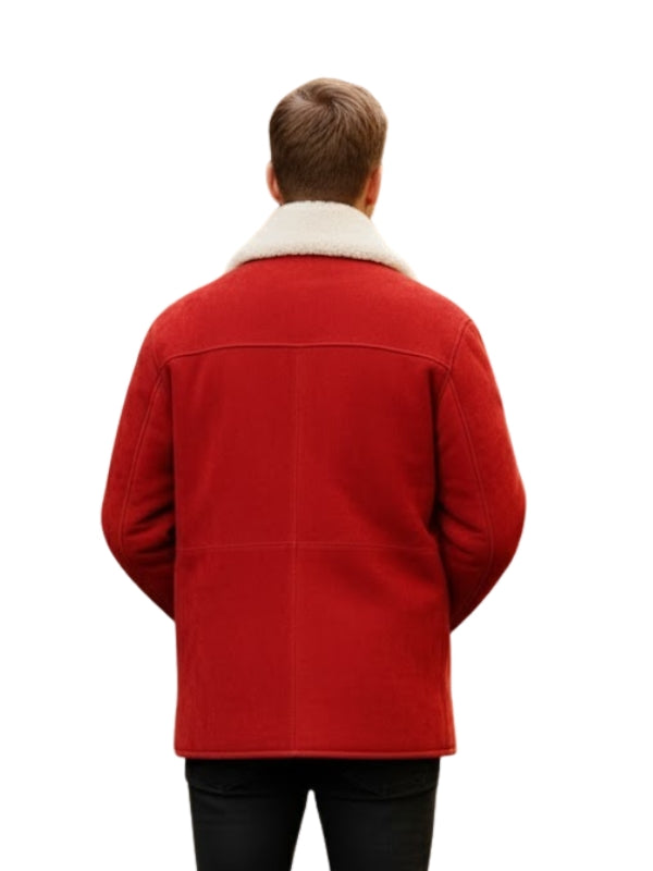 Red jacket with white fur collar worn by a person on a white background