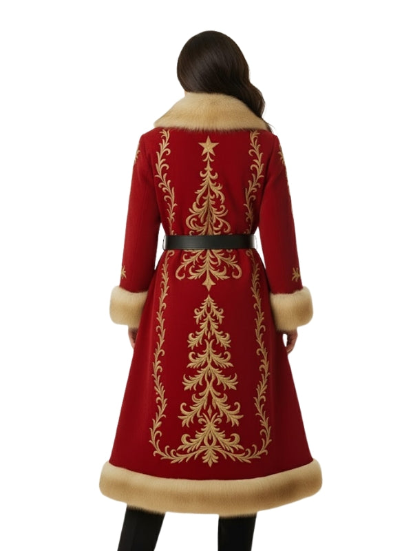 Red coat with gold embroidery and fur trim on a white background