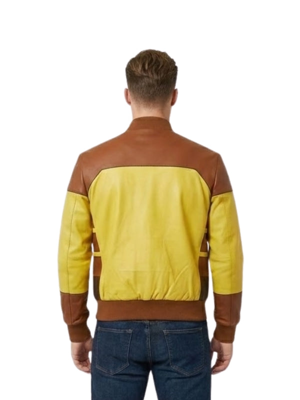 Man wearing a yellow and brown jacket on a white background