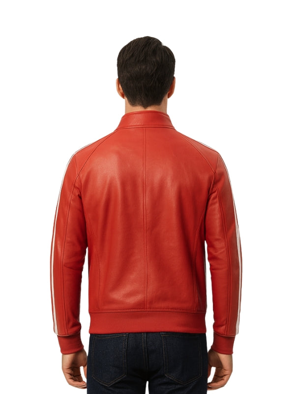 Red leather jacket worn by a person on a white background