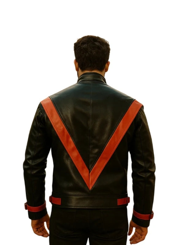Black leather jacket with red accents on a white background