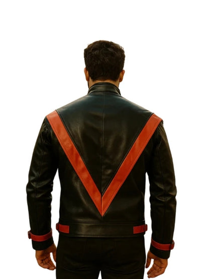 Black leather jacket with red accents on a white background