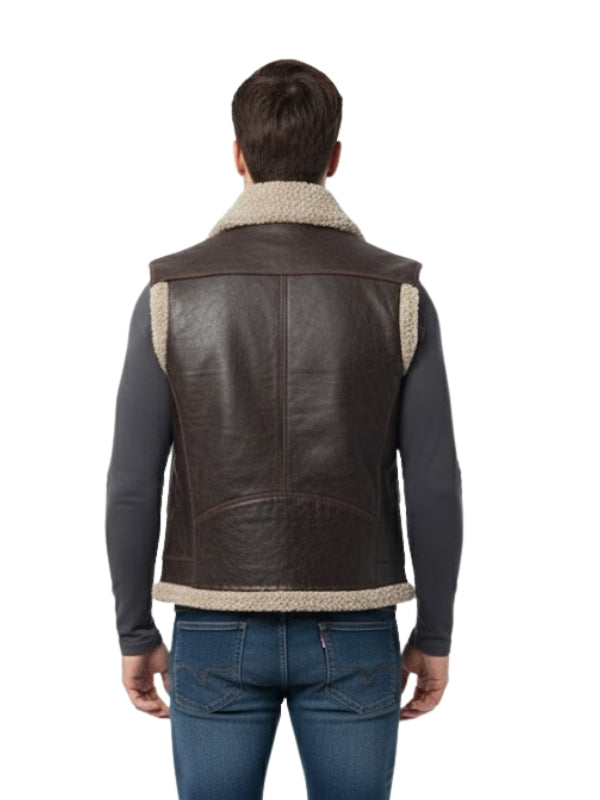 Man wearing a brown leather vest with sheepskin lining on a white background