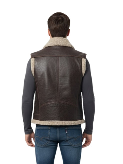 Man wearing a brown leather vest with sheepskin lining on a white background