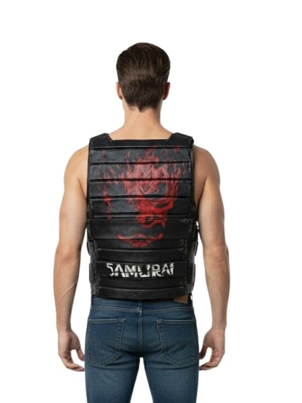 Person wearing a black and red 'Samurai' vest on a white background