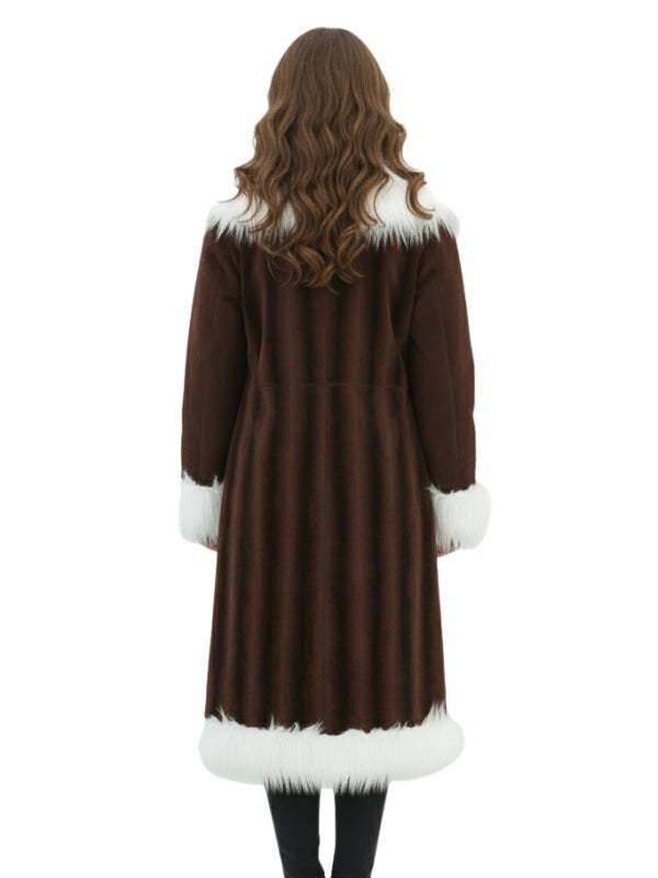 Brown coat with white fur trim worn by a person on a white background