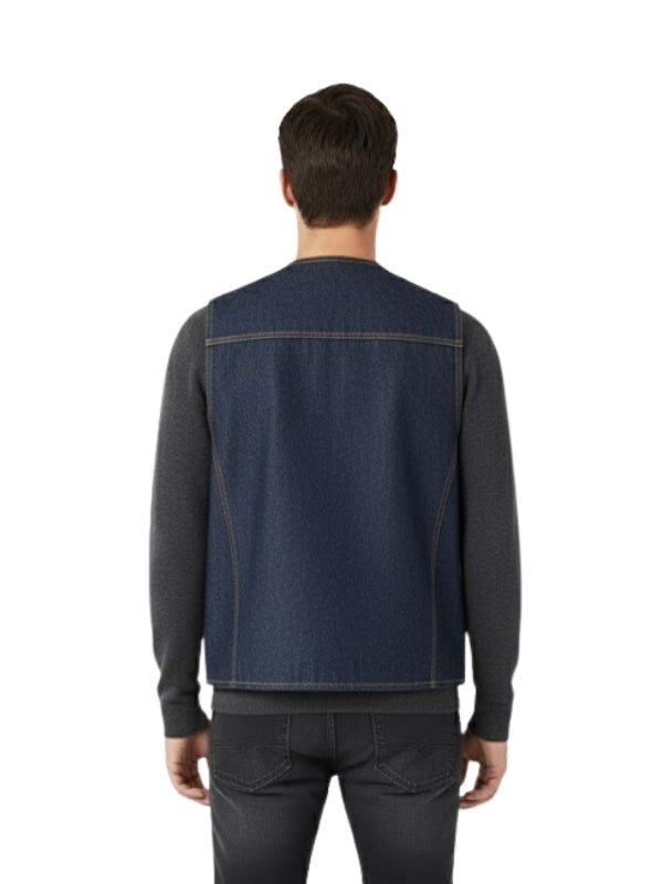 Man wearing a dark denim jacket with black sleeves on a white background