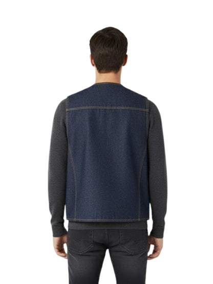 Man wearing a dark denim jacket with black sleeves on a white background