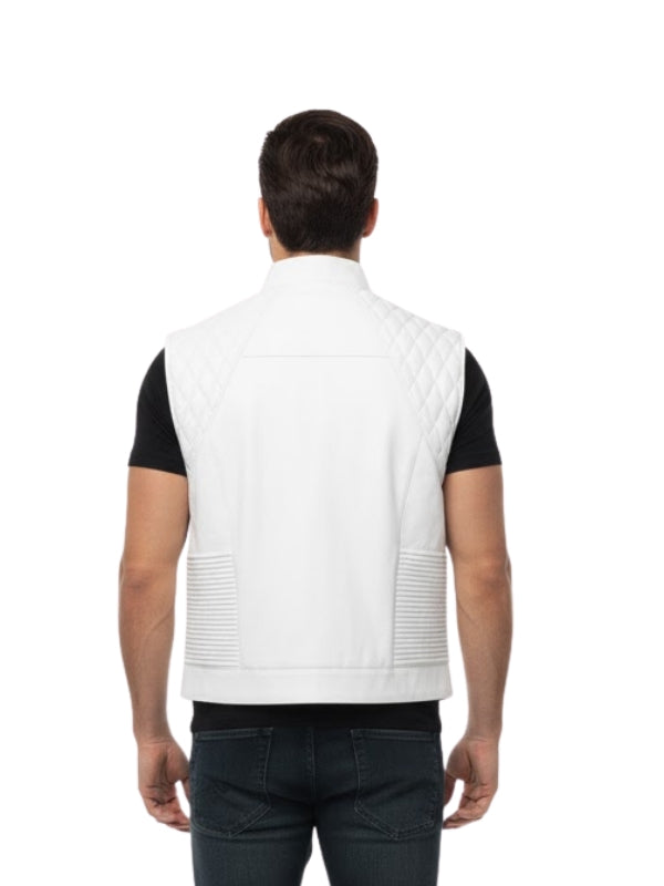 Person wearing a white vest with black sleeves on a white background