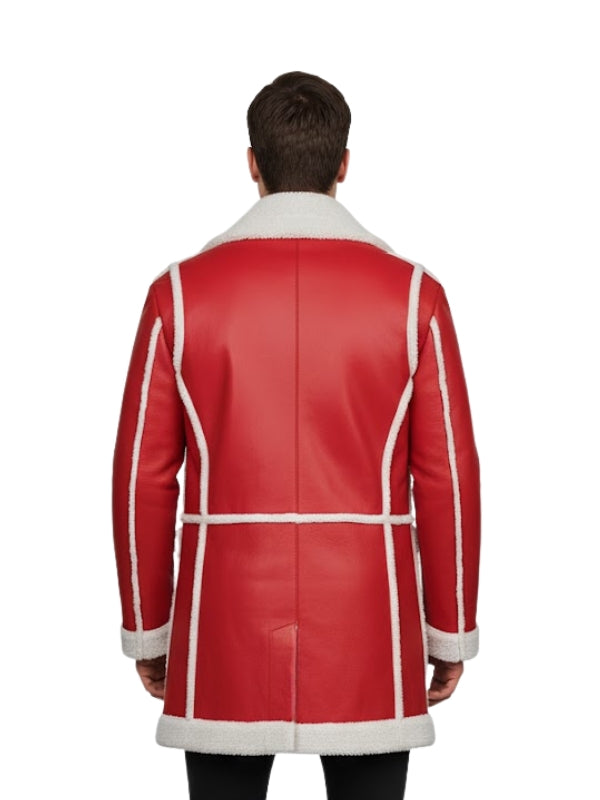 Red leather coat with white trim on a white background