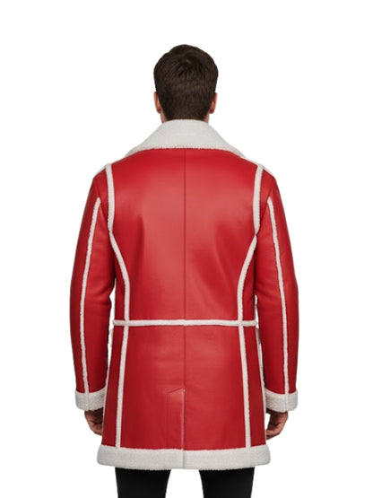 Red leather coat with white trim on a white background