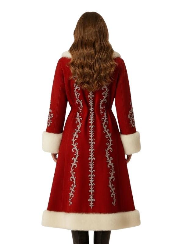 Red coat with white embroidery and trim on a white background