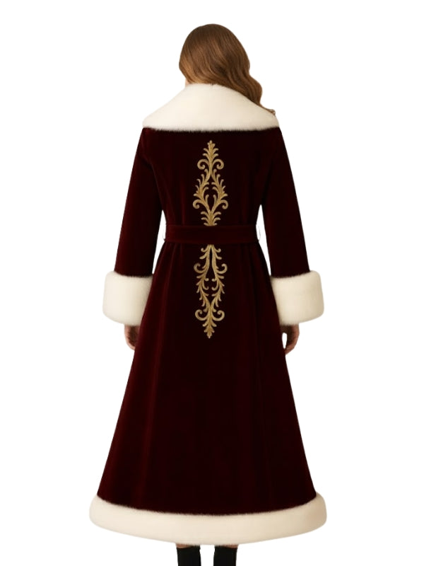 Dark red coat with white fur trim and gold embroidery on a white background