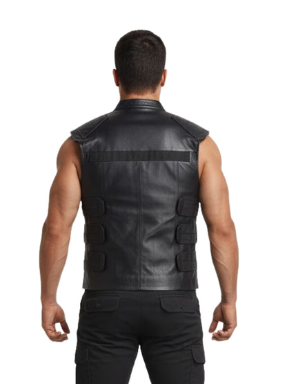 Black leather vest worn by a person on a white background