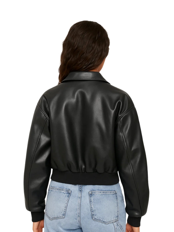 Person wearing a black leather jacket on a white background