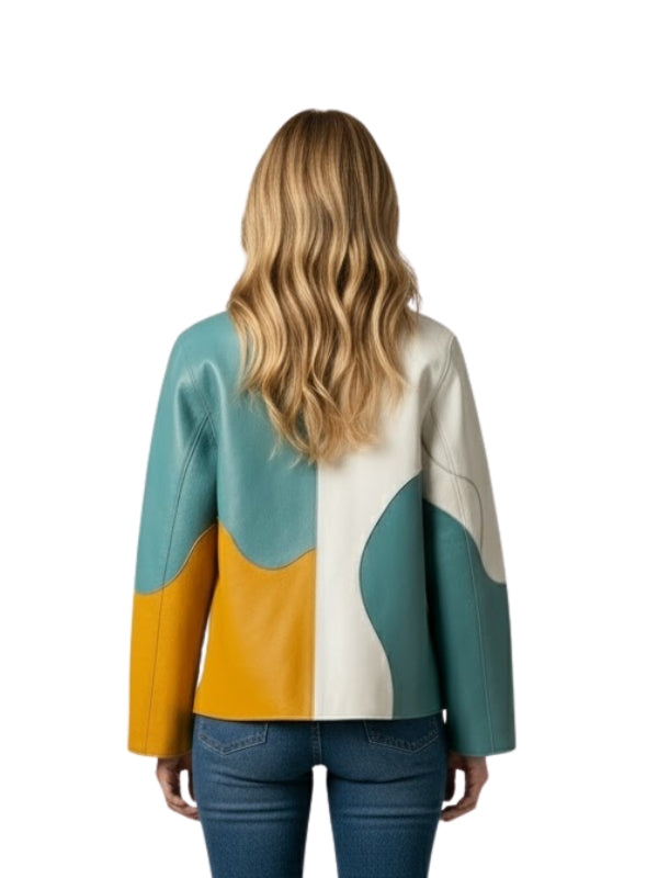 Woman wearing a colorful jacket with a white background